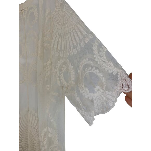 Do Everything In Love Sheer Ivory Lace Kimono Cardigan Duster Scallop REE10679 - Picture 3 of 9